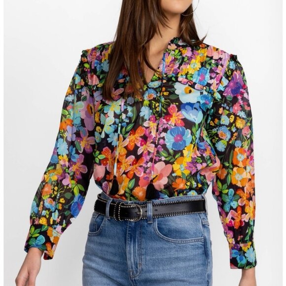 Johnny Was Wild Bloom Ruffle Yoke Blouse Womens Floral Long Sleeve Cotton Size M - Picture 11 of 11